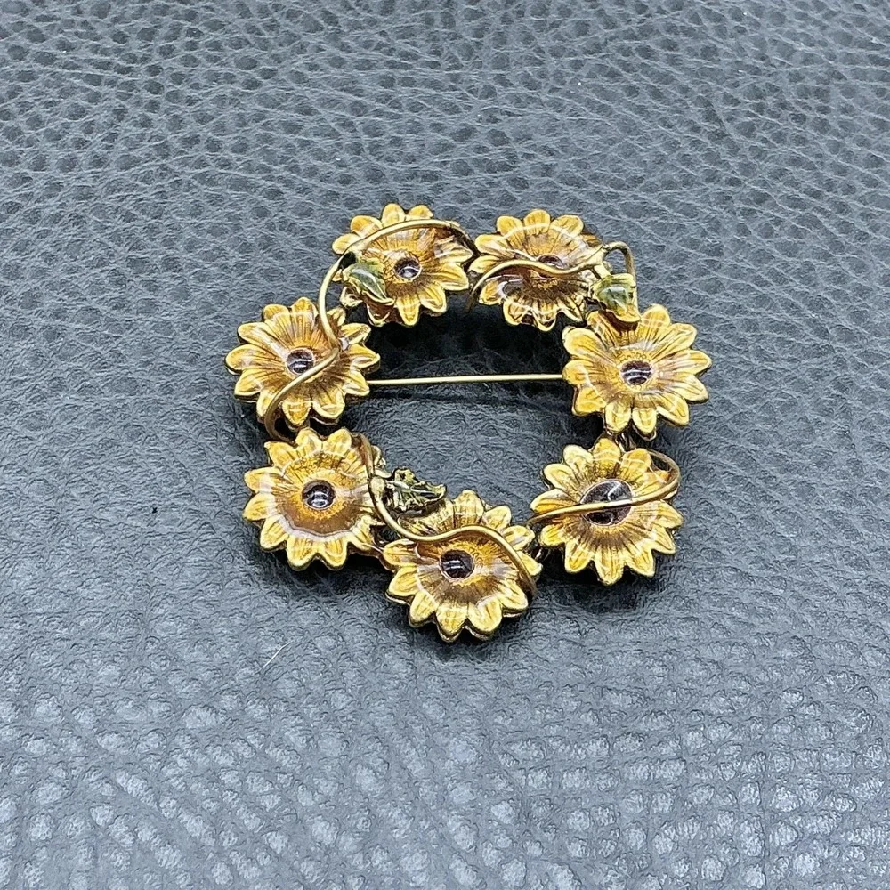 Yellow Enamel Daisy Wreath Brooch Pin Floral‎ Circle Costume Jewelry Womens 2
